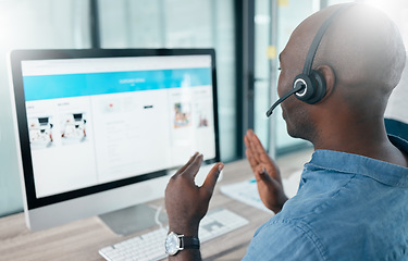 Image showing Call center, computer screen and black man in customer service, crm and telemarketing office. Man consultant talking with hands at pc for sales, contact us and online support or IT solution advice