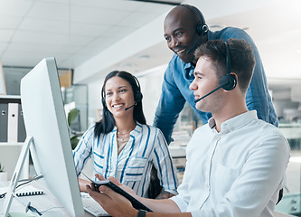 Image showing Business, manager help employees and call center for customer support, telemarketing or explain new system. Corporate training, black man or assist consultants with process, talking or client service