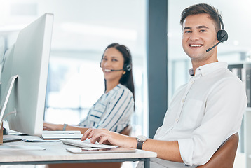 Image showing Call center, computer and team portrait for customer service, crm and telemarketing in office. Man and woman consultant at pc while happy about sales, contact us and online support or IT advice