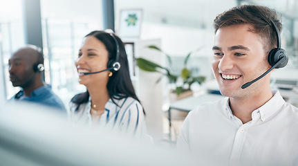 Image showing Call center, customer service and happy team for support, crm and telemarketing in office. Men and woman consultant at pc with a smile for sales target, contact us and online advice with teamwork