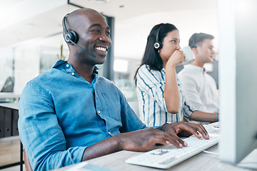 Image showing Call center, computer and team online for customer service, crm and telemarketing in office. Black man and woman consultant at pc with data analysis for sales, contact us and online support or advice