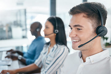 Image showing Call center, customer service and happy consultant team at crm or telemarketing office. Man and woman agent with diversity at pc for sales, contact us and online support or advice at help desk