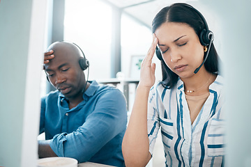 Image showing Headache, tired and call center employees with stress, burnout and anxiety from telemarketing. Mental health, sad and customer service workers frustrated with web support, communication and problem