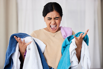 Image showing Laundry, frustrated and woman with anger, screaming and overworked with spring cleaning, chores and hygiene. Female, cleaner and maid angry, upset and washing material with burnout or fatigue in home