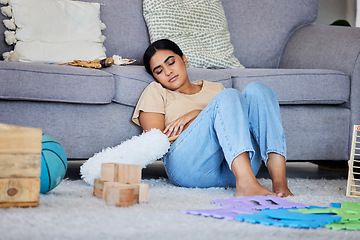 Image showing Woman, housekeeper and sleeping on living room sofa for cleaning, hygiene or service at home. Tired female cleaner exhausted suffering from burnout or fatigue resting and dreaming by lounge couch