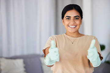 Image showing Woman, portrait smile and thumbs up for winning, cleaning or good job with domestic gloves on mockup at home. Happy female housekeeper smiling showing hand sign or emoji for great service or thanks