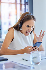 Image showing Angry, glitch and call center employee on a phone with bad news, communication and email stress. Telemarketing, contact us and frustrated woman reading a mistake, problem or chat fail on a mobile