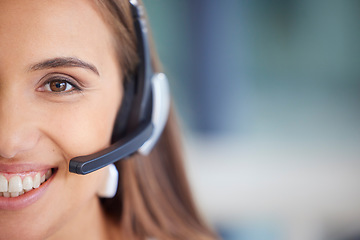 Image showing Call center woman face and consultant, telemarketing agent or virtual assistant with customer services smile. Contact us, ecommerce technical support and person portrait for business crm consulting