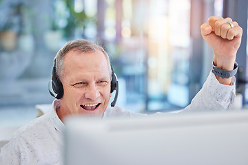 Image showing Senior, call center man or success deal on computer for customer service, contact us support or CRM consulting. Celebration, consultation or communication for wow, winner smile or happy telemarketing