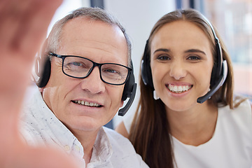 Image showing Call center selfie, portrait and employees in telemarketing, customer service and consulting. Bonding, friends and face of workers in online support taking a photo for a work memory in sales