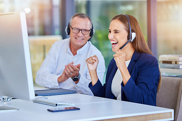 Image showing Teamwork, call center or success deal on computer for customer service, contact us support or CRM consulting. Celebration, consultation or communication for wow, winner smile or happy telemarketing