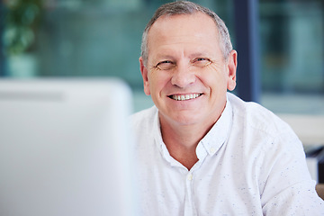 Image showing Senior businessman, portrait smile and computer for career success, vision or ambition at office. Happy elderly male CEO face smiling for project management, mission or corporate goals at workplace