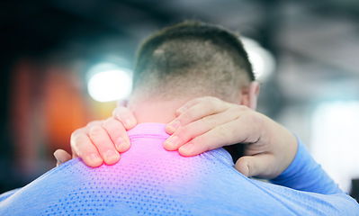 Image showing Fitness, gym and man with pain in neck, medical emergency during gymnastics workout at sport studio. Exercise, health and wellness, person with hand on back muscle cramps or injury while training