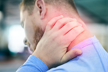 Image showing Fitness, gym and man with pain in neck, medical emergency during gymnastics workout at sport studio. Exercise, health and wellness, person with hand on red muscle cramps ache or injury while training