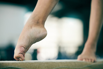 Image showing Gymnastics, fitness and feet of person in studio for balance, training and exercise against blurred background. Foot, workout and acrobat on beam for posture, routine and performance with mockup