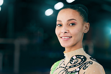 Image showing Gymnastics portrait, woman with smile and sport with mockup space, competition and fitness in gym or arena. Professional gymnast face, sports and exercise with health, wellness and active lifestyle