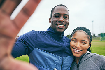 Image showing Fitness portrait, black couple and selfie at park after exercise, training or workout in winter. Sports, health and face of man and woman taking pictures or photos for social media or happy memory.