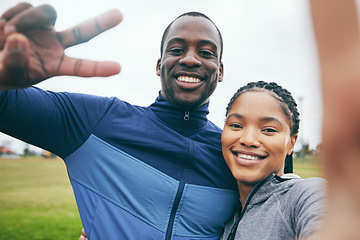 Image showing Fitness, black couple and peace sign selfie at park after exercise, training or workout in winter. Happy, v hand gesture and face portrait of man and woman taking pictures for social media or memory.