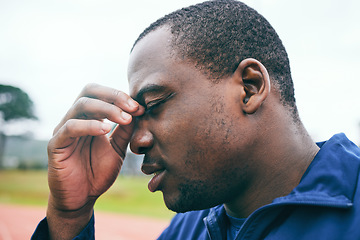 Image showing Headache, fitness and burnout with a sports black man holding his nose during an outdoor workout. Stress, exercise and mental health with a male runner or athlete training for cardio or endurance