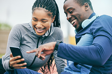 Image showing Phone, fitness and couple of friends check results, progress and data on mobile app, excited for exercise goals. Black people or sports woman and partner on smartphone for outdoor workout or training