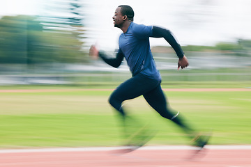 Image showing Black man, running and athletics for sports training, cross fit or exercise on stadium track in the outdoors. African American male runner athlete in fitness, sport or run for practice workout