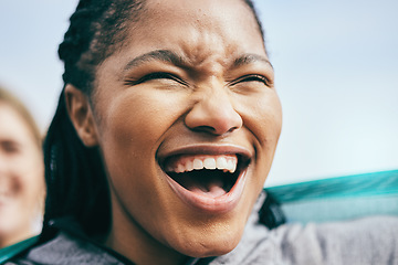 Image showing Sports, cheer and excited black woman in stadium shouting, cheering and screaming support for team. Motivation, success and face of girl fan enjoy sport game, match and celebration for winning goals