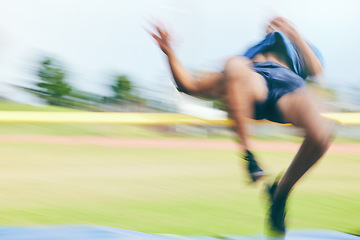 Image showing High jump, fitness and athletics by man at a stadium for training, energy and cardio against sky background. Jumping, athlete and male outdoors for performance, endurance and competition on mock up