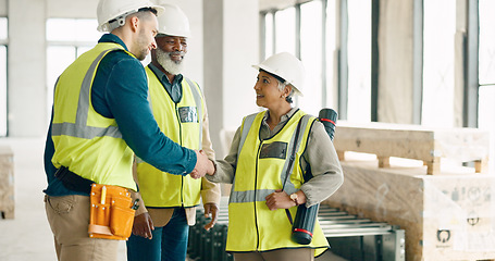 Image showing Handshake, architecture and engineering team shaking hands with a project development designer in a building. Global, b2b and happy construction workers in meeting or partnership deal with contractor