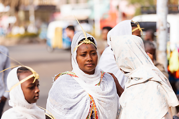 Image showing Orthodox Christian pilgrim at worship on the street during easter