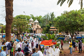 Image showing Orthodox Christian pilgrim at worship on the street during easter