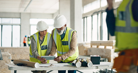 Image showing Engineer, architect and business people on tablet for construction, strategy or project plan at work. Team of contractors working together on architecture planning or discussion on touchscreen