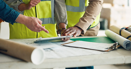 Image showing Tablet, architecture and construction worker people planning for engineer collaboration, project development and blueprint review. Contractor hands with digital software app for civil engineering job