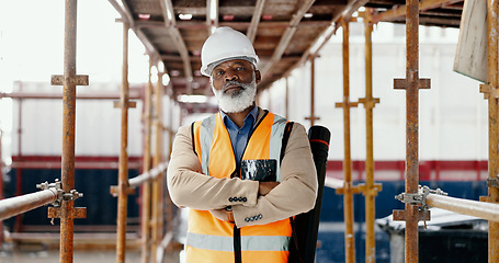 Image showing Construction, building and mature architect with design, vision and idea for development while working at a construction site. Portrait of elderly industrial worker with arms crossed for architecture