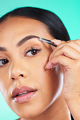 Image showing Eyebrow tweezers, beauty and woman face in studio for skincare wellness, aesthetic spa and facial. Female model, brows and hair removal for cosmetics, growth maintenance and body epilation tools