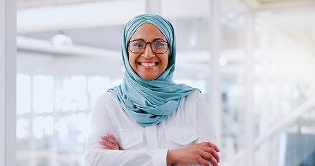 Image showing Muslim business woman, smile and senior portrait for management motivation, employee happiness and positive goals mindset. Islamic leader, ceo success and startup designer in hijab ready in workplace