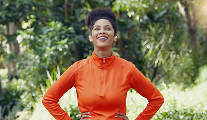 Image showing Fitness, health and black woman taking a deep breath at a park with a smile before a workout, exercise or training. Breathing, sport and sports girl in nature, outdoors or outside in calm relax.