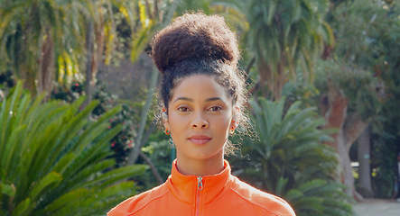 Image showing Portrait of a woman on a fitness run in nature by a park for health, fresh air and exercise. Happy, healthy and athlete girl taking a break while on a outdoor jog or cardio training in summer.