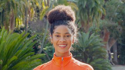 Image showing Portrait of a woman on a fitness run in nature by a park for health, fresh air and exercise. Happy, healthy and athlete girl taking a break while on a outdoor jog or cardio training in summer.