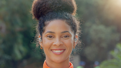 Image showing Meditation, happy and breathing with happy woman for peace, calm and quiet and spiritual wellness. Portrait breathe, fitness or yoga with young female and zen exercise practice in outdoor nature park