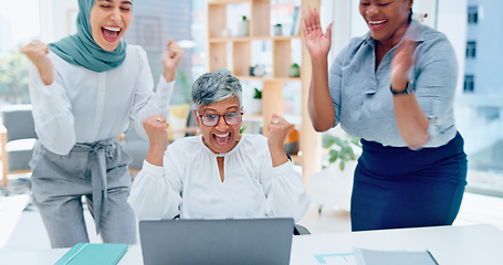 Image showing Creative business people, laptop and applause for good news, email or market sale in startup at the office. Group of employee designers celebrating win, deal or promotion on computer at the workplace