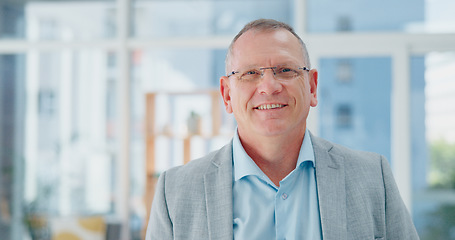 Image showing Elderly businessman, face and smile for vision, career ambition or corporate success at the office. Portrait of senior man CEO smiling in confidence with glasses for creative business startup at work