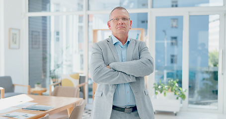 Image showing Mature businessman, arms crossed and corporate finance office worker in growth innovation, insurance goals and investment ideas. Financial manager portrait, CEO leadership and Canada success mindset