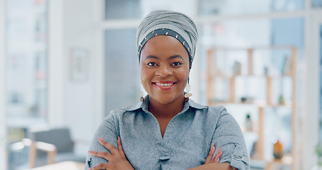 Image showing Face, black woman and arms crossed in office, business and leadership. Nigerian female administrator, lady or entrepreneur with smile, startup company or leader for marketing campaign and advertising