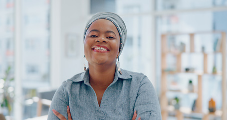 Image showing Face, black woman and arms crossed in office, business and leadership. Nigerian female administrator, lady or entrepreneur with smile, startup company or leader for marketing campaign and advertising