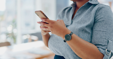 Image showing Business woman, hands and phone in social media texting for communication, chatting or browsing at the office. Hand of female employee typing, searching or online conversation on mobile smartphone