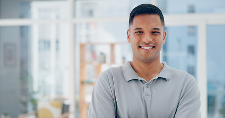 Image showing Businessman in office, face and career success, smile and happy in company headshot, leadership and vision. Leader, professional portrait and startup executive with job satisfaction and workplace.