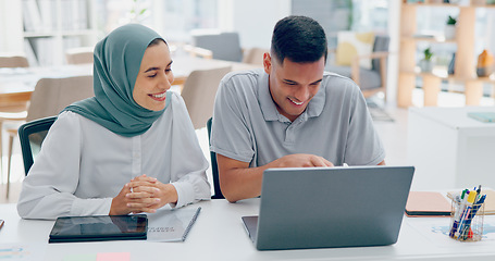 Image showing Muslim, laptop or woman with a manager planning a SEO digital marketing or advertising strategy in a office building. Islamic, collaboration or hijab employee talking or speaking of ideas to a worker