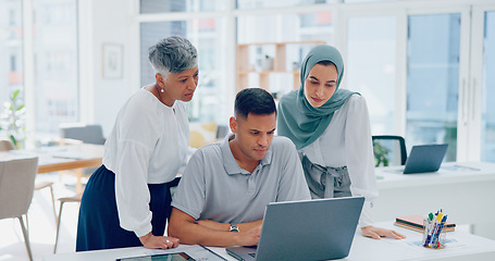 Image showing Team, women and man in modern office, laptop and marketing planning. Business people talking, digital schedule and conversation for advertising campaign, strategy for group project and sales growth.