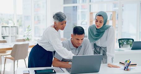 Image showing Team, women and man in modern office, laptop and marketing planning. Business people talking, digital schedule and conversation for advertising campaign, strategy for group project and sales growth.