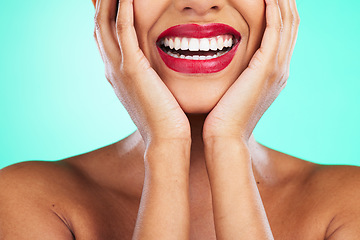 Image showing Dental, teeth and perfect smile by woman with oral care, hygiene and whitening isolated in studio green background. Closeup, zoom and clean mouth after cosmetic cleaning, treatment and grooming